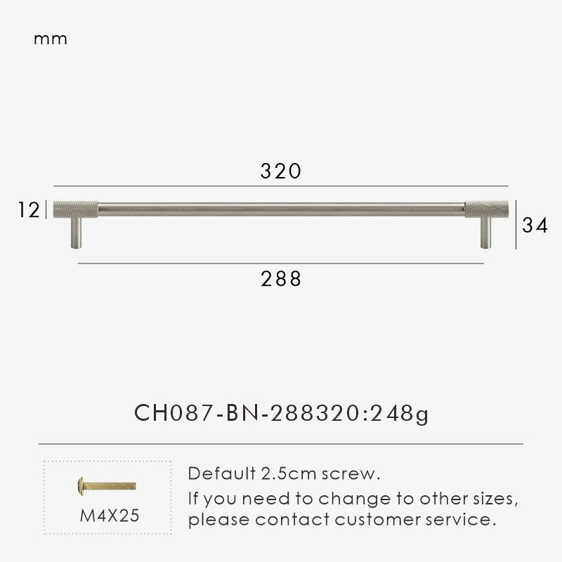 Nurlin Boutons de cuisine de luxe classiques moletés en laiton massif nickel brossé Argent Poignée de porte de meuble disponible en plusieurs tailles