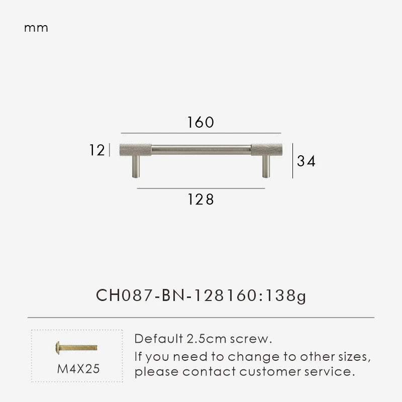 Nurlin Boutons de cuisine de luxe classiques moletés en laiton massif nickel brossé Argent Poignée de porte de meuble disponible en plusieurs tailles