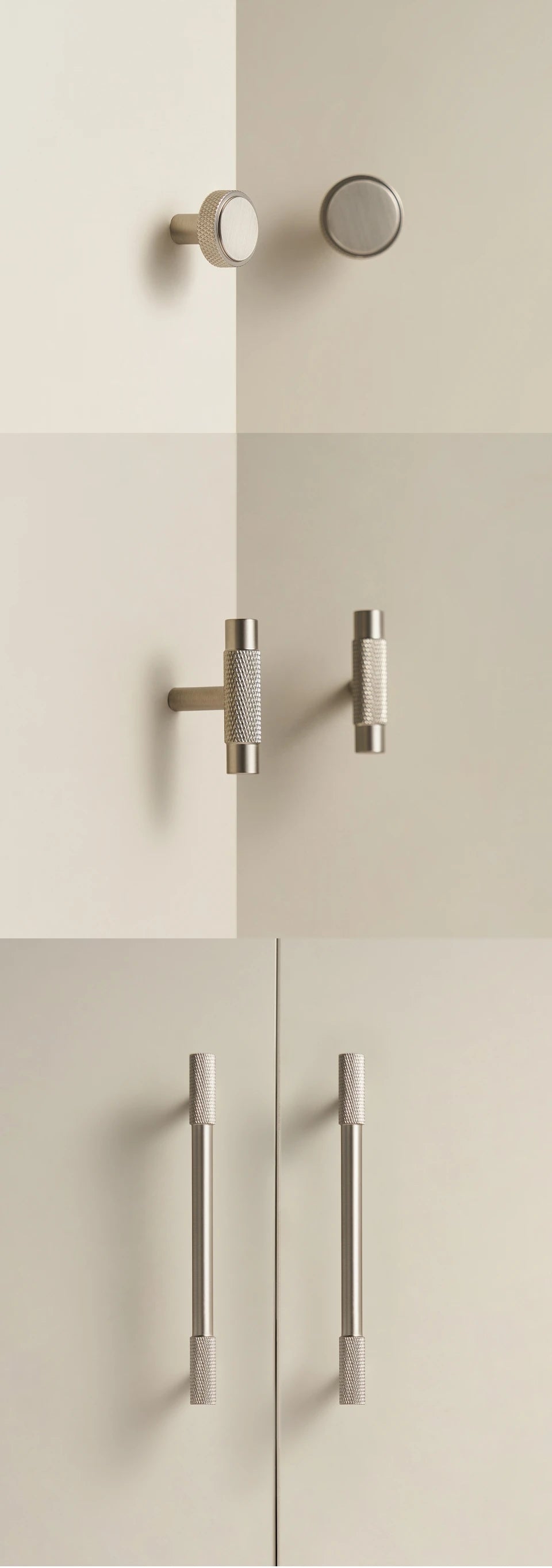 Nurlin Boutons de cuisine de luxe classiques moletés en laiton massif nickel brossé Argent Poignée de porte de meuble disponible en plusieurs tailles