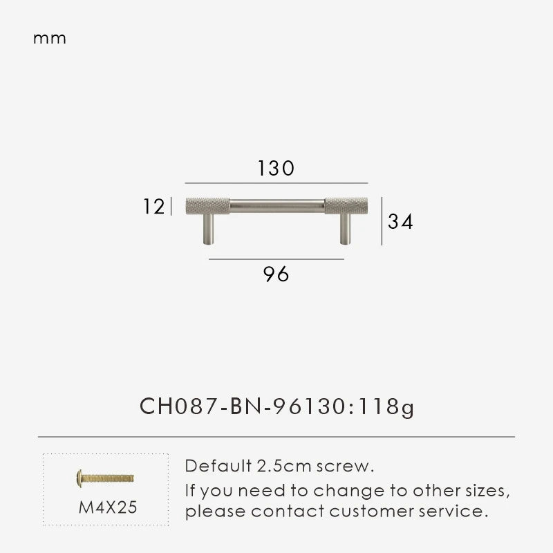 Nurlin Boutons de cuisine de luxe classiques moletés en laiton massif nickel brossé Argent Poignée de porte de meuble disponible en plusieurs tailles