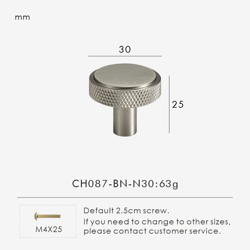 Nurlin Boutons de cuisine de luxe classiques moletés en laiton massif nickel brossé Argent Poignée de porte de meuble disponible en plusieurs tailles